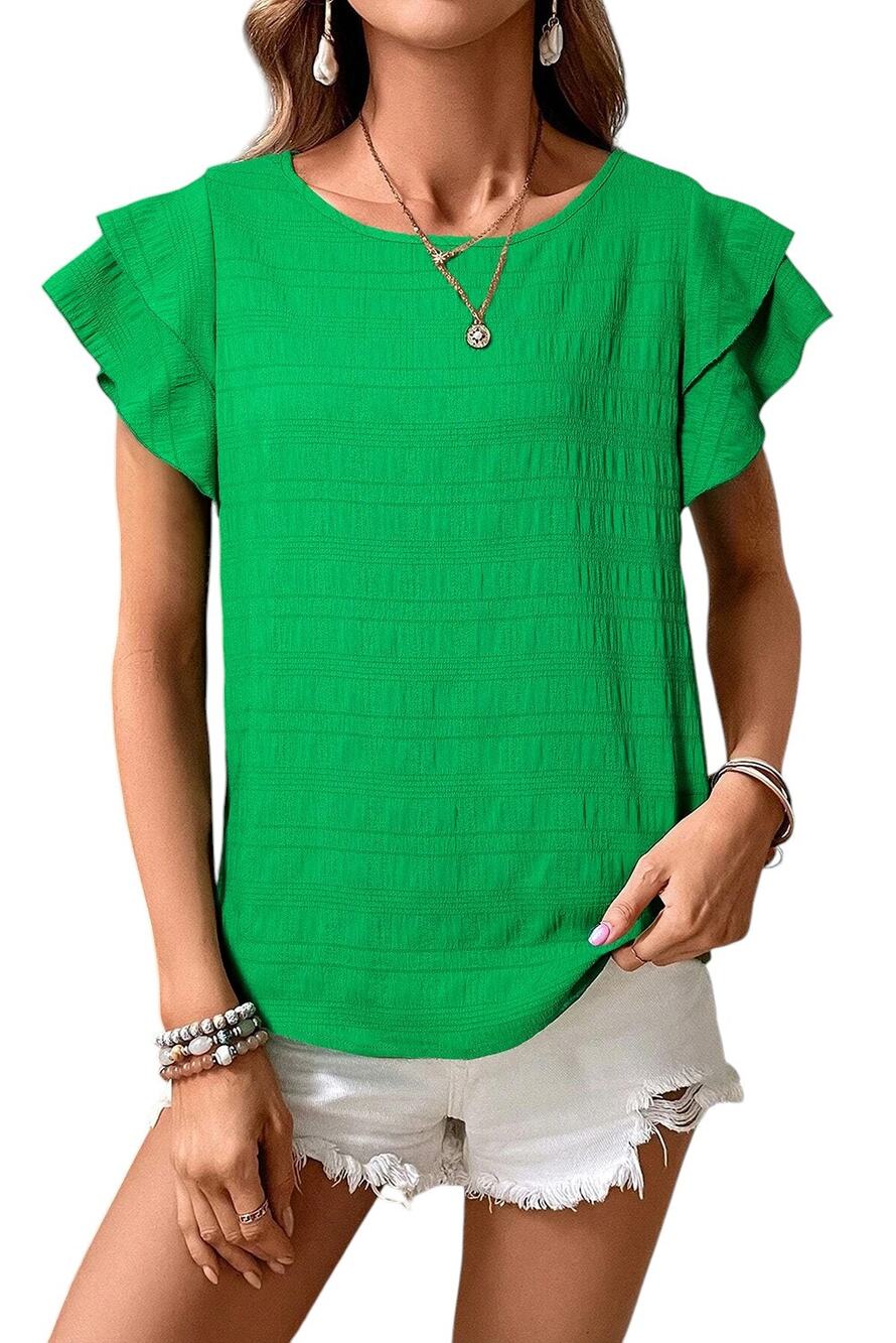 Green Textured Ruffled Short Sleeve Round Neck Top New Size Small